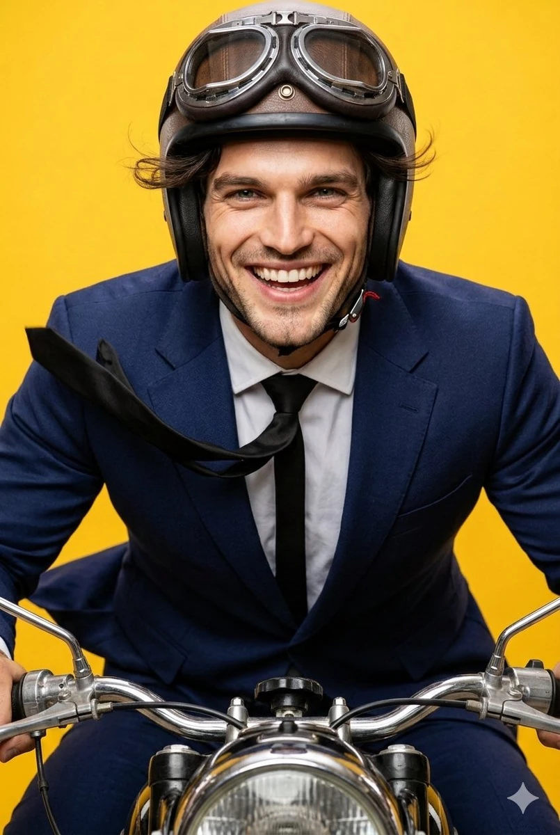 A very realistic photograph of a person sitting on a motorcycle, seen fro...