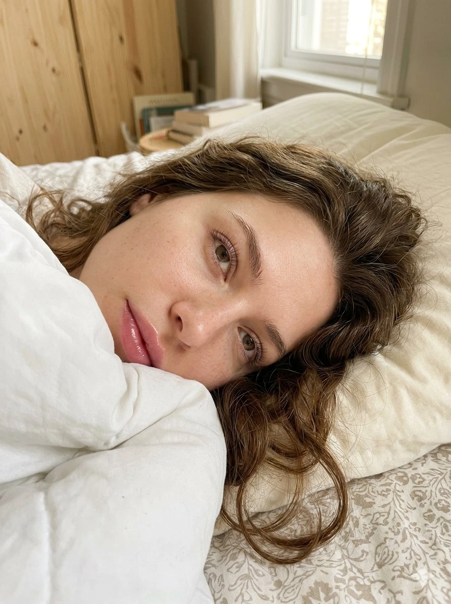 Ultra-realistic close-up smartphone selfie of a stunning young woman lyin...