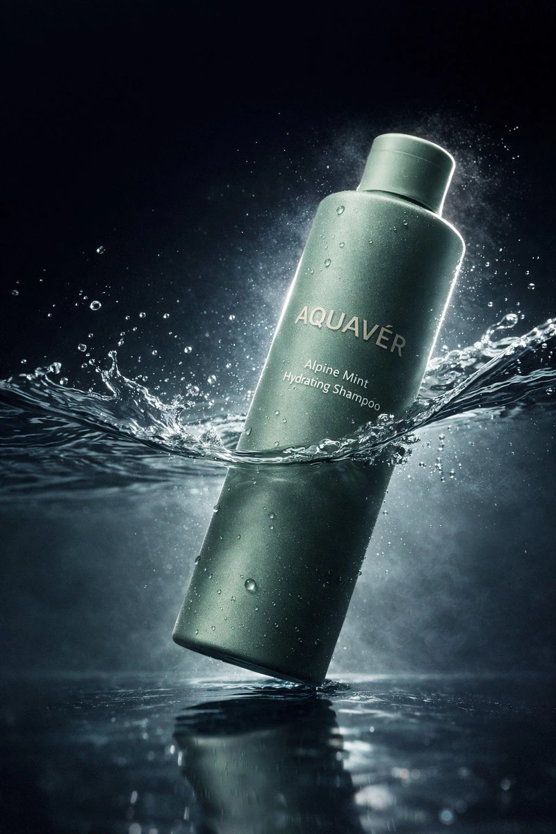 Ultra-realistic luxury shampoo bottle (matte green, minimal branding) spl...