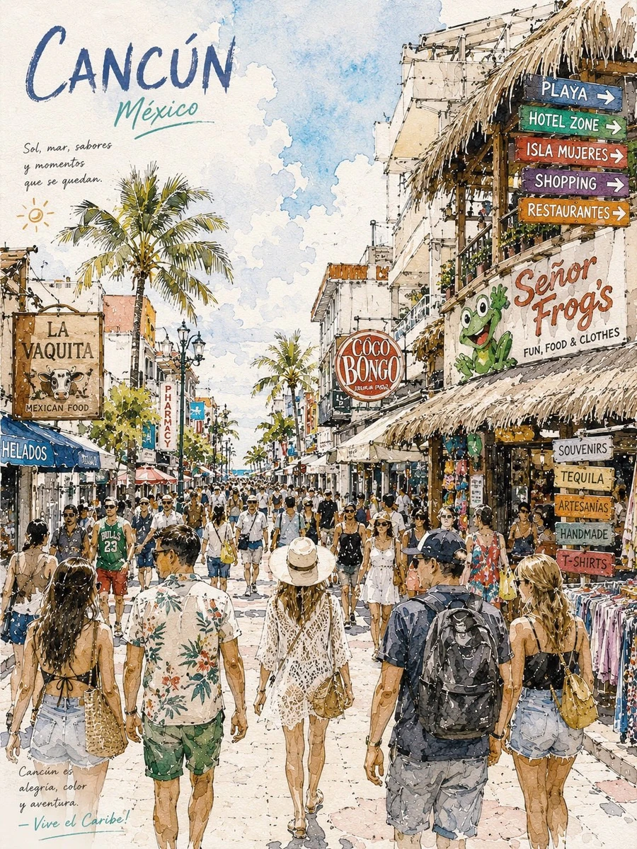 Watercolor travel poster illustration of (City Name) busy tropical street...