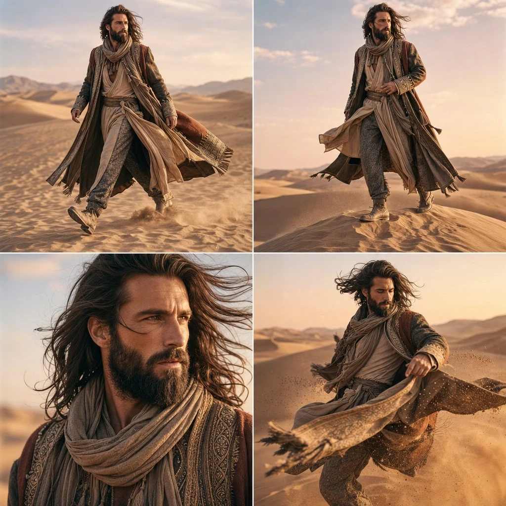 Use reference image. A high-fashion cinematic desert editorial shoot in V...