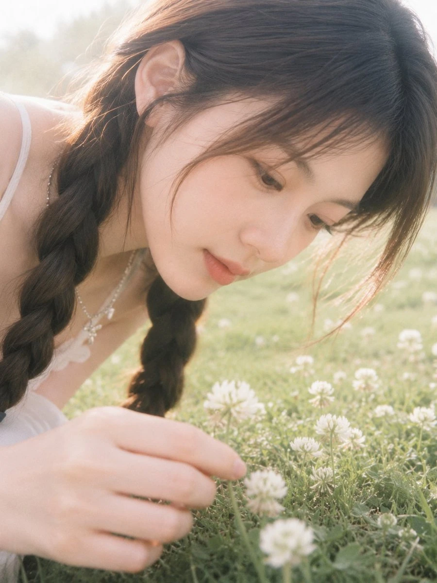 A soft-focus film-style portrait in a spring clover field