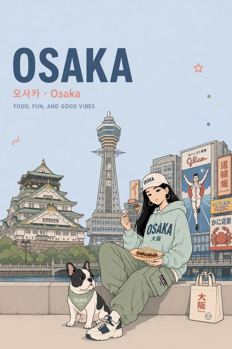 Anime travel poster illustration in a clean pastel aesthetic, portrait or...