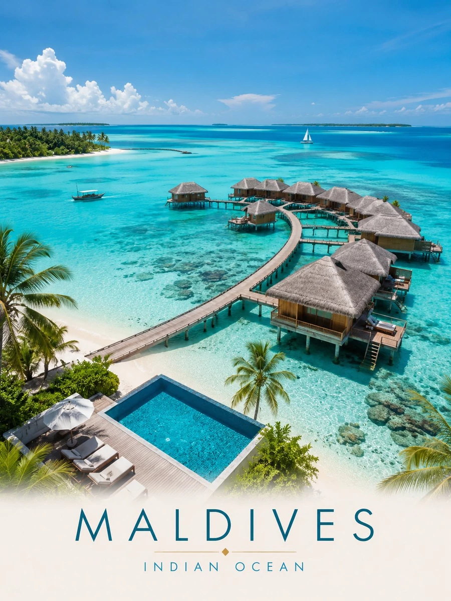 Ultra-detailed luxury travel poster of the Maldives, captured from a brea...