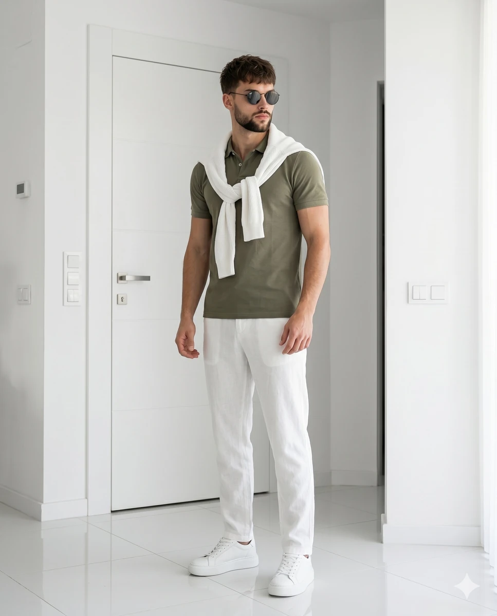 A confident young adult male stands centrally in a full-body pose, his bo...