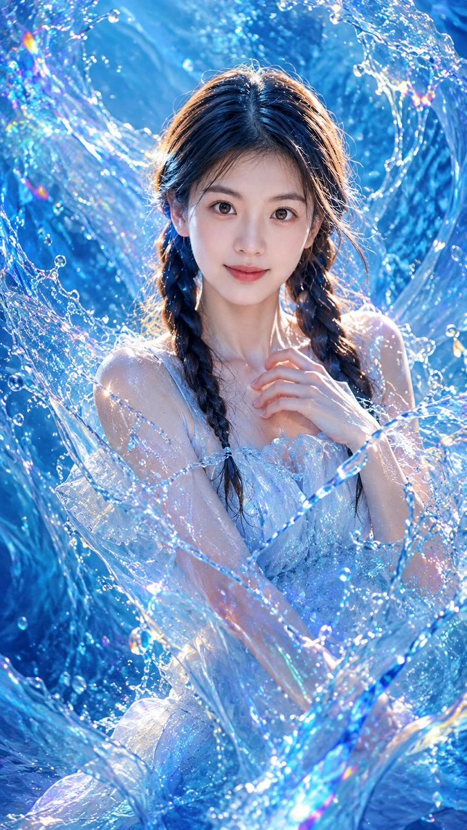 A luminous blue-water fantasy portrait, like a dream caught inside the ocean