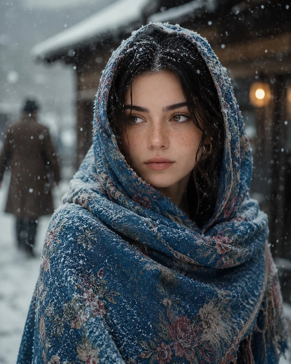 A cinematic portrait of a young woman standing in a snowy village, softly...