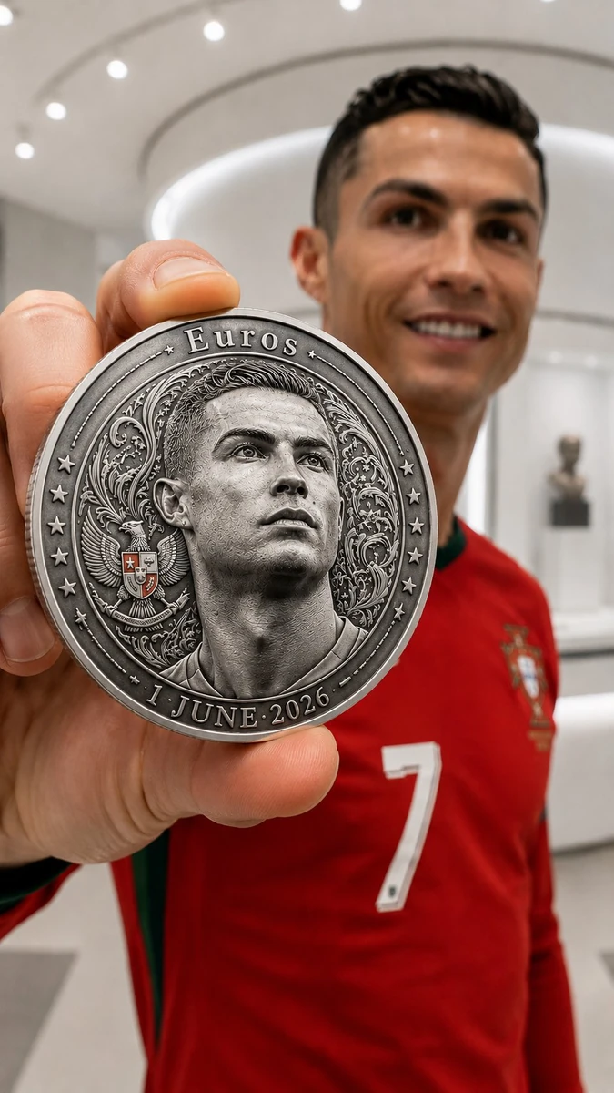 Photorealistic 8K HDR luxury commemorative coin presentation inside a bri...