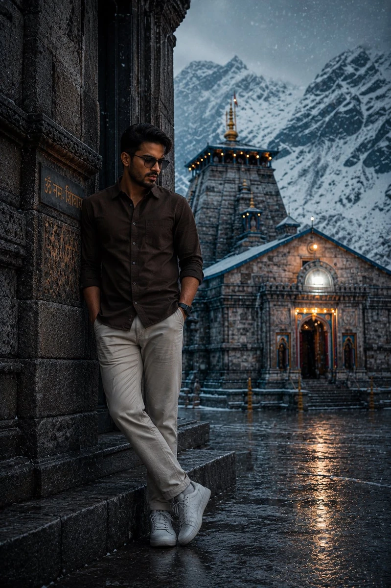- Ultra-realistic cinematic portrait of a young South Asian man sitting a...