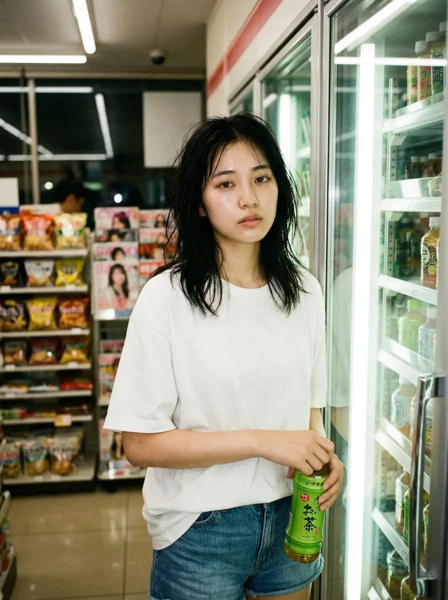 A candid, cinematic photo of a young woman standing inside a brightly lit...