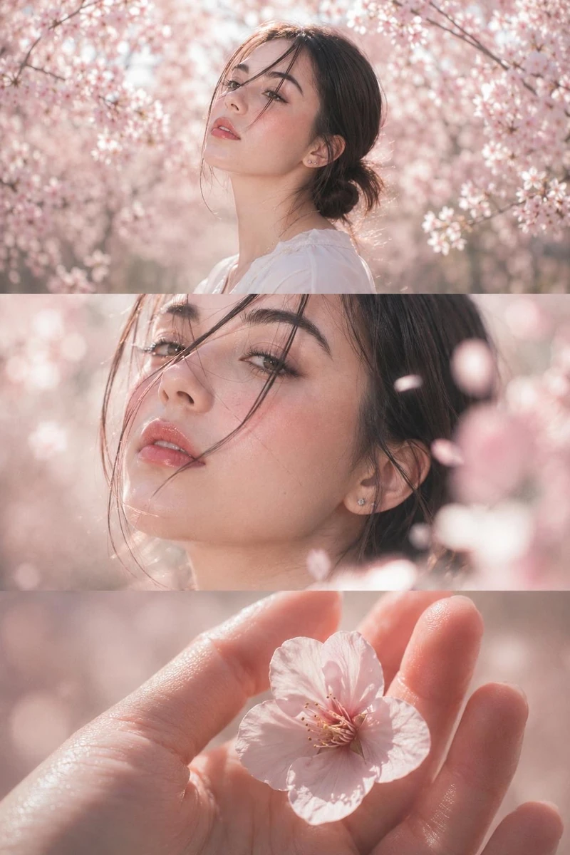 Triptych editorial portrait of a young woman among blooming cherry blosso...