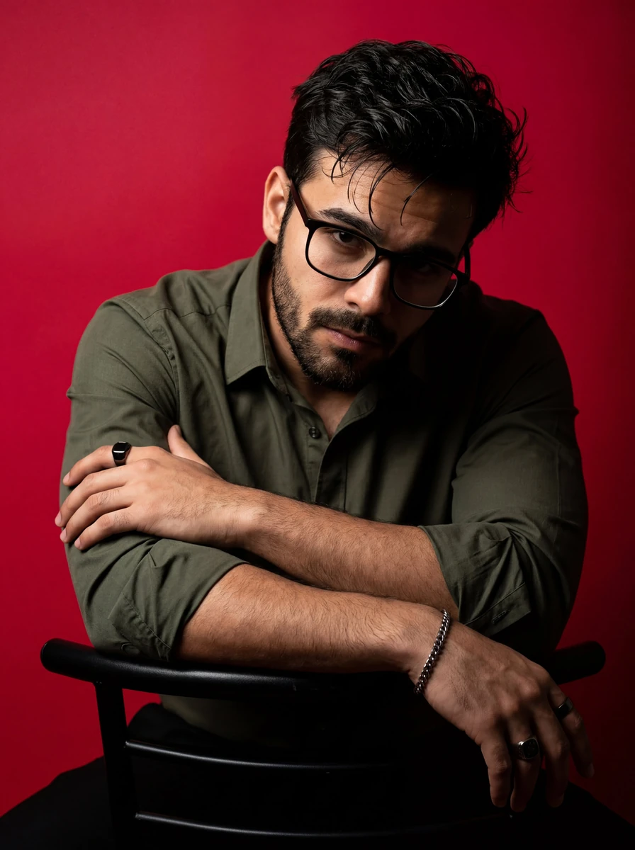 A dramatic, high-contrast studio portrait of a man with dark messy hair a...