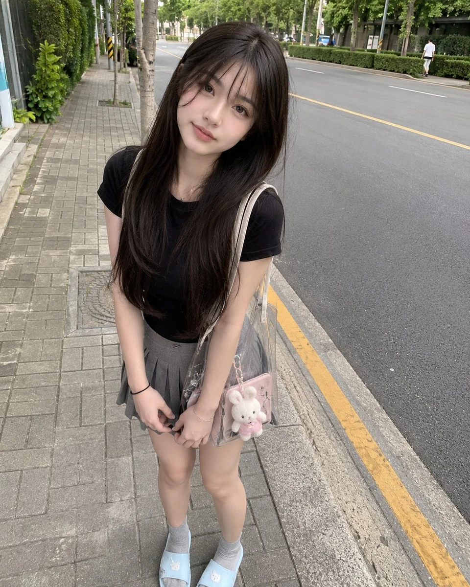 Young Japanese girl with long straight dark brown hair and soft bangs, we...