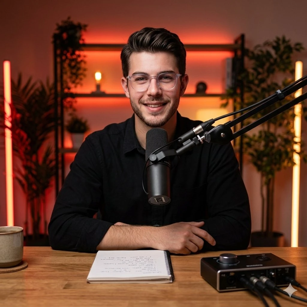 A professional podcast host sitting at a wooden desk in a modern studio s...
