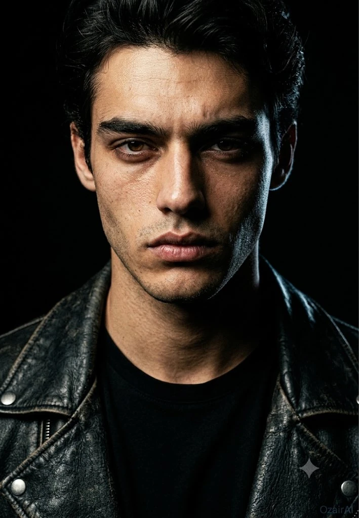 Use the exact same face from the reference image and generate a dark bold...