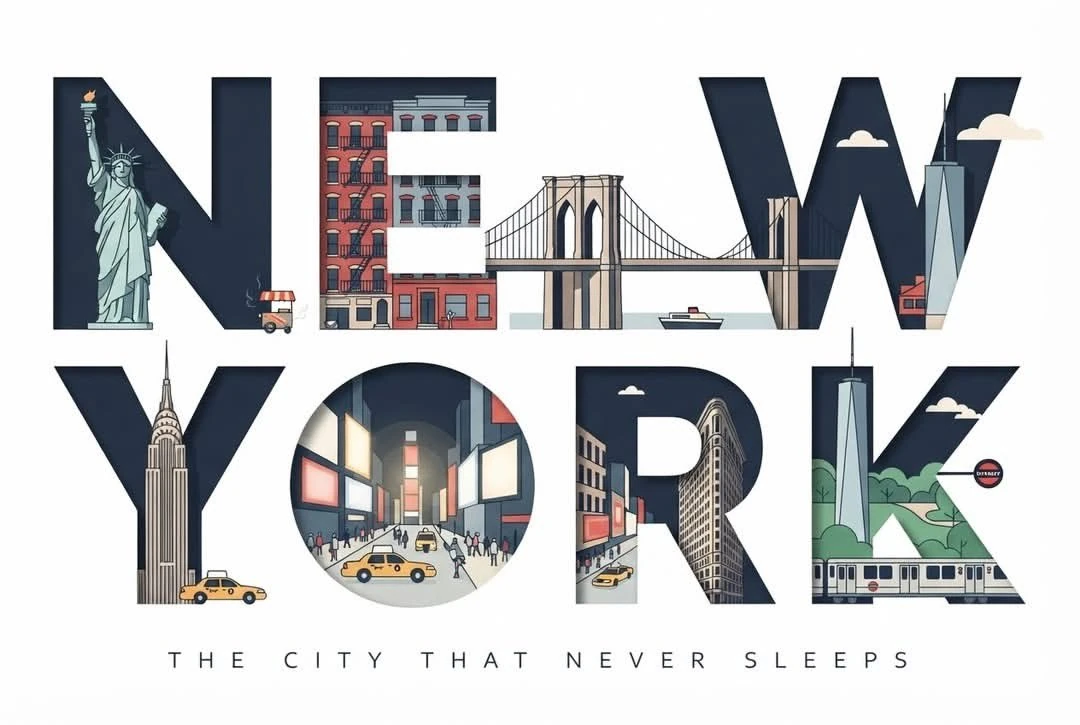 Clean, modern typographic travel poster in a 3:2 landscape format. The wo...