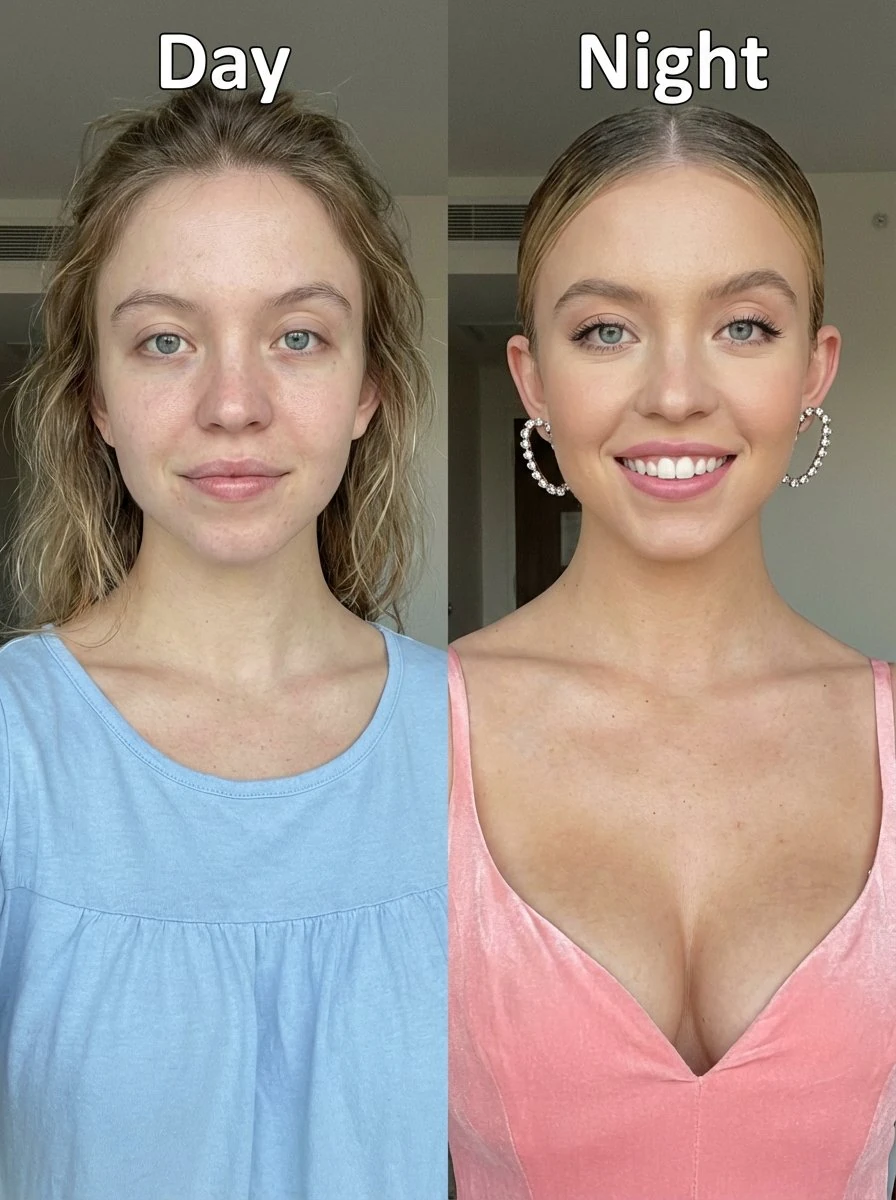 Before-and-after upper-body portrait photo of Sydney Sweeney, smiling in...