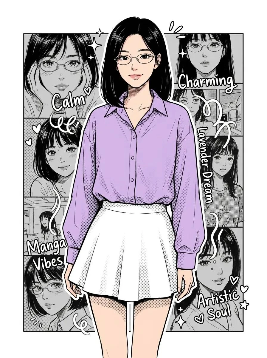Semi-realistic anime style young Korean woman, sleek black chin-length ha...