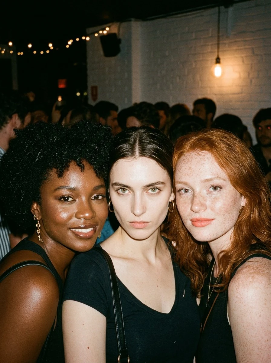 Three attractive young women posing closely together at a dimly lit night...