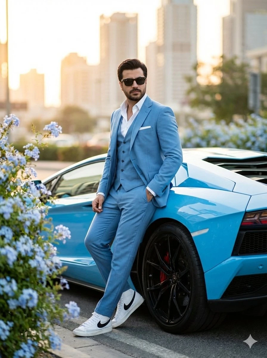 A full-body shot of a sharp, well-groomed man with dark hair and a beard,...