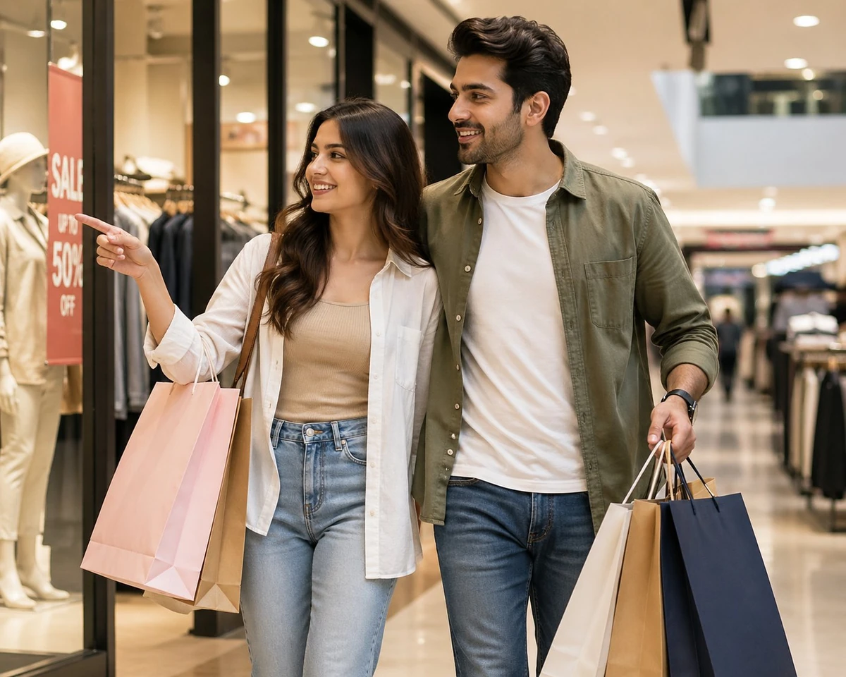 A happy young couple shopping together in a modern mall, holding multiple...
