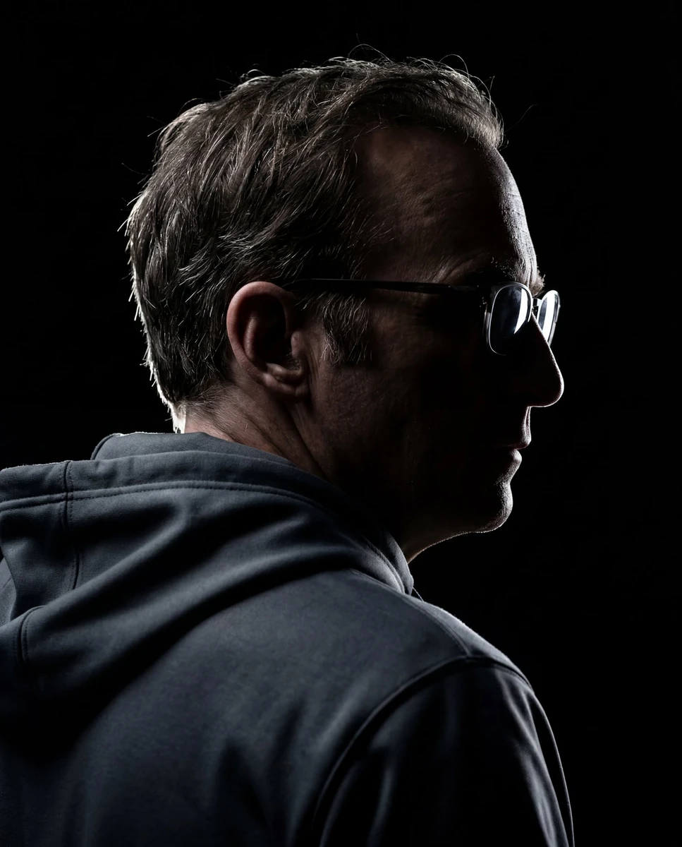 Ultra-realistic cinematic dark portrait of a stylish man wearing a smooth...