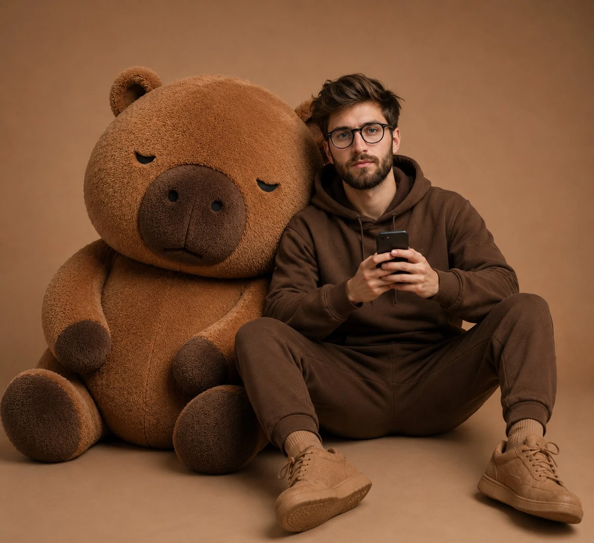 Ultra realistic studio portrait of a young Asian man sitting on the floor...