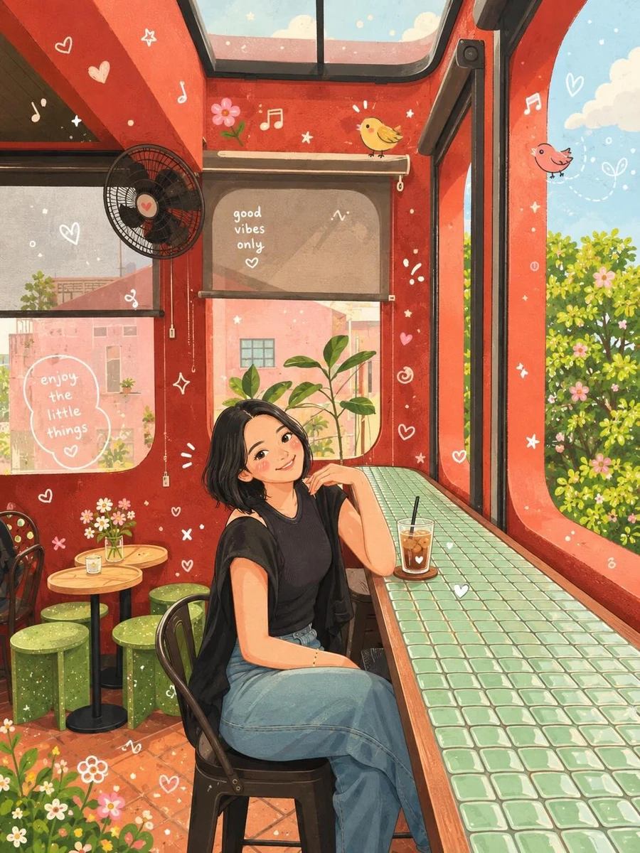 Transform the uploaded photo into a cozy whimsical storybook illustration...