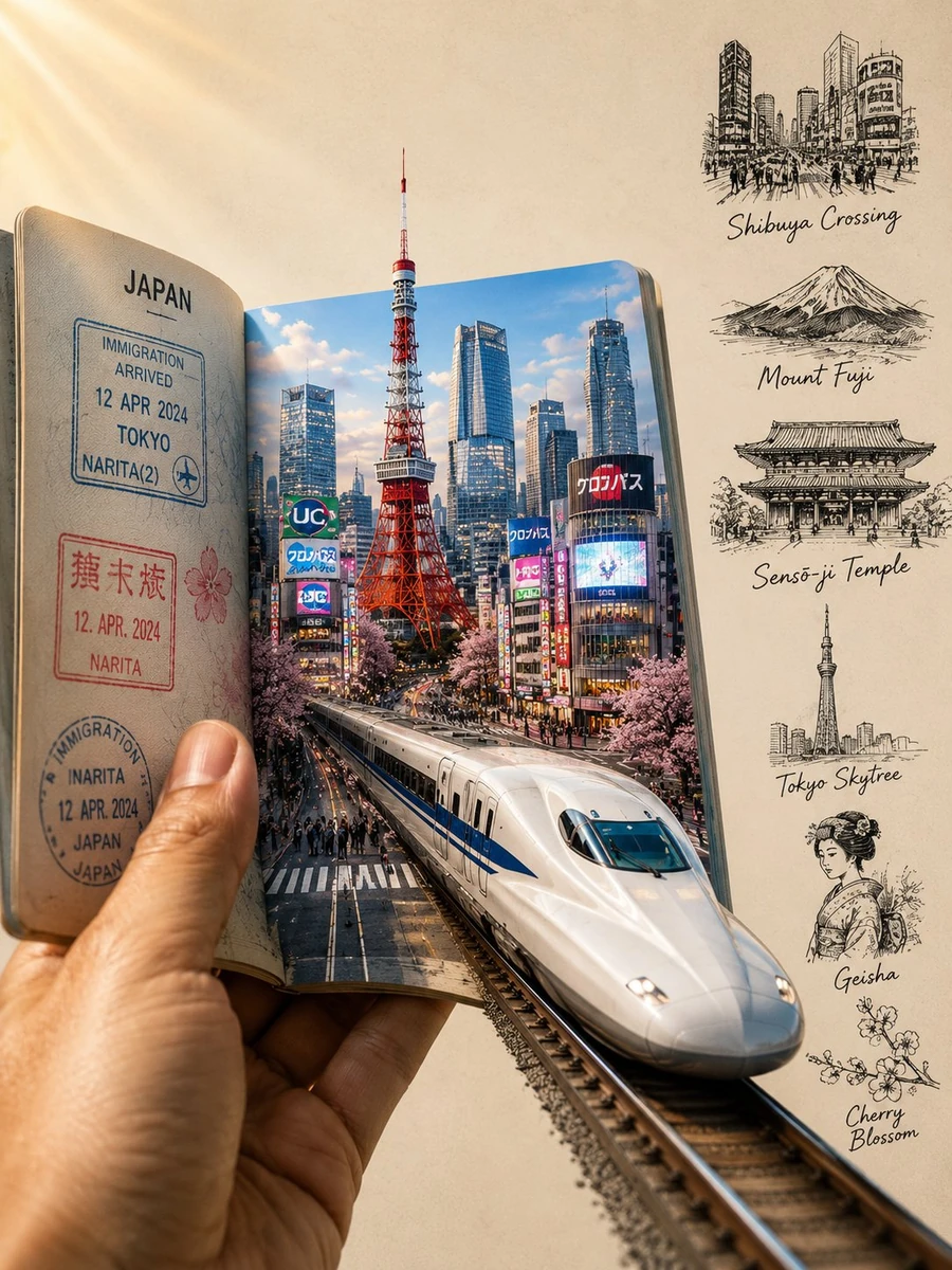 Ultra-realistic, cinematic travel-themed conceptual artwork of Japan in a...
