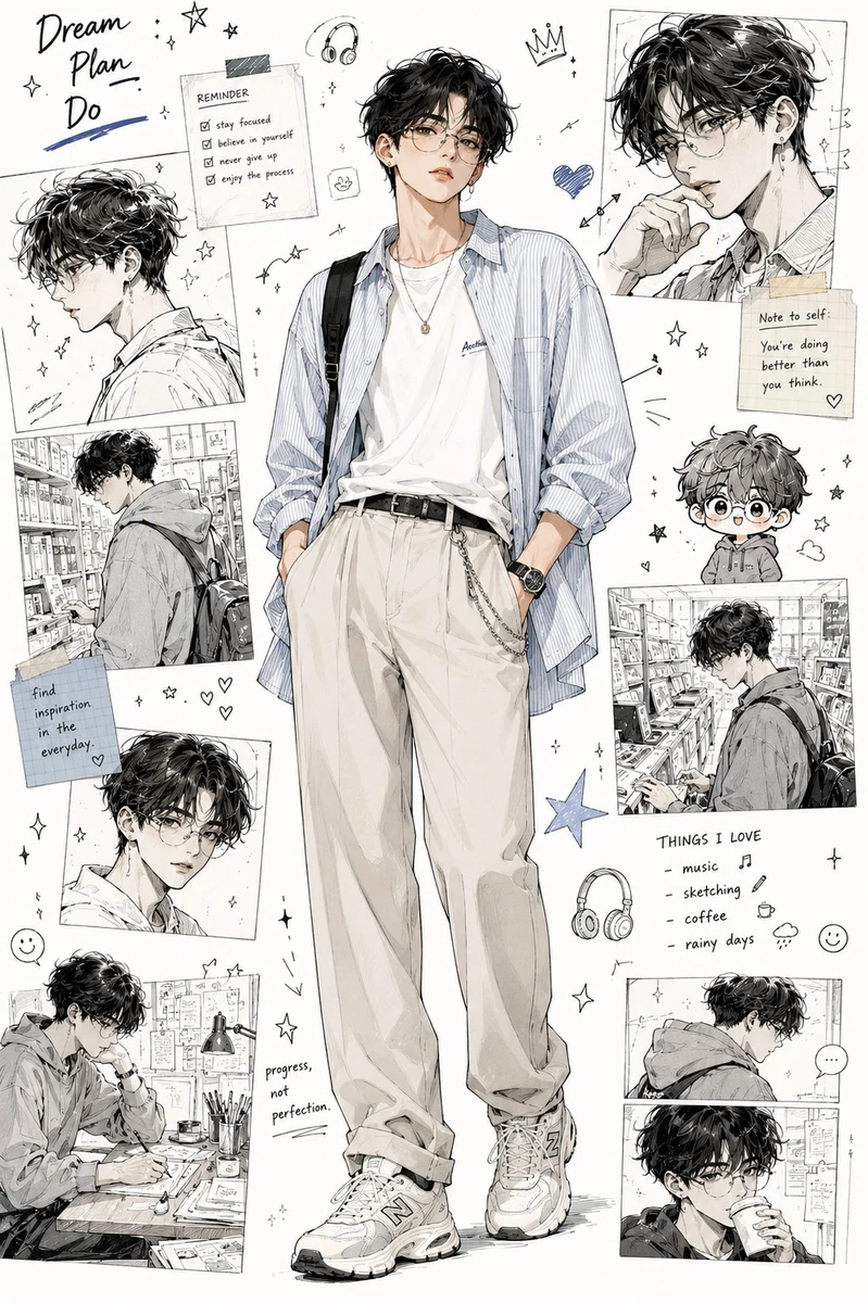 (Semi-realistic anime fashion moodboard), stylish young Korean boy with (...