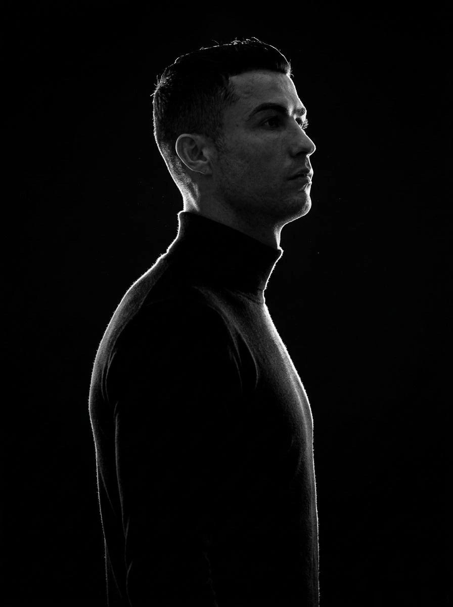 A minimalist black and white cinematic portrait featuring two individuals...