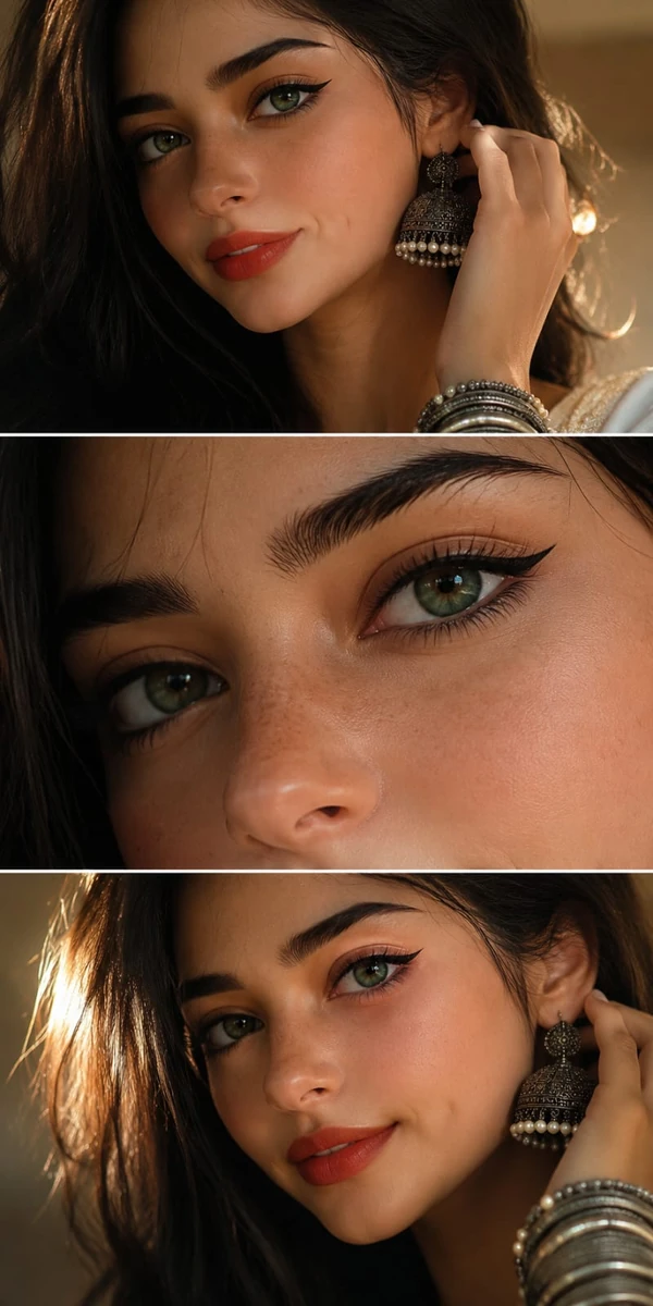 Ultra-realistic vertical 3-panel beauty collage of a young South Asian wo...