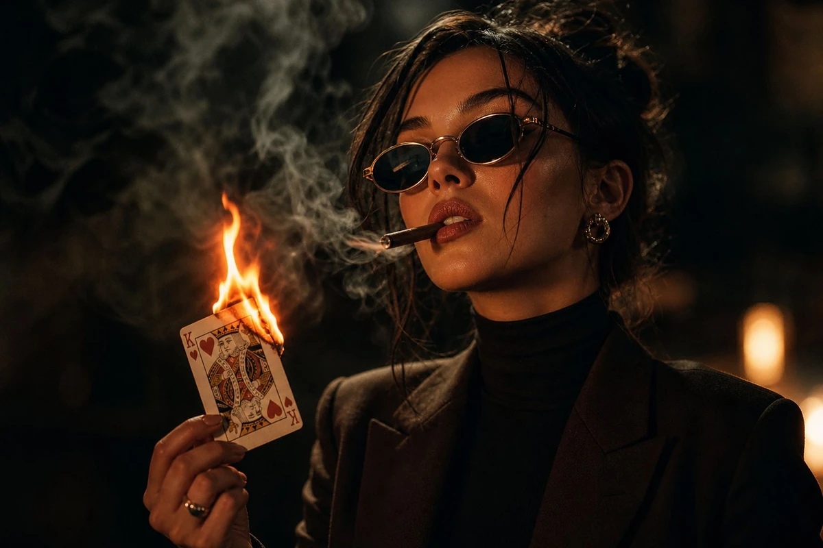 A cinematic, moody portrait of a stylish women in dark brown with high ne...