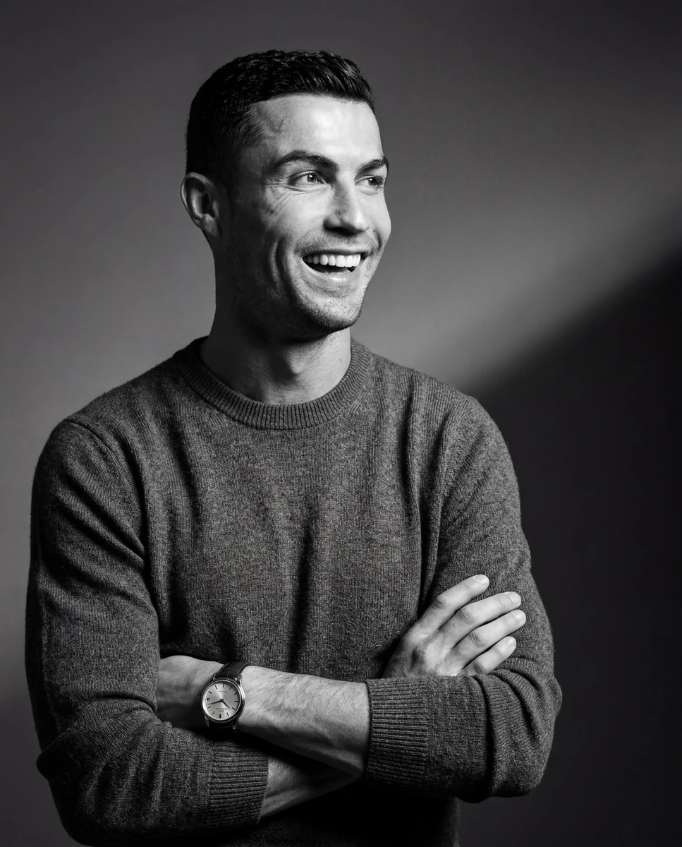 Ultra-realistic monochrome editorial portrait of a world-class football l...