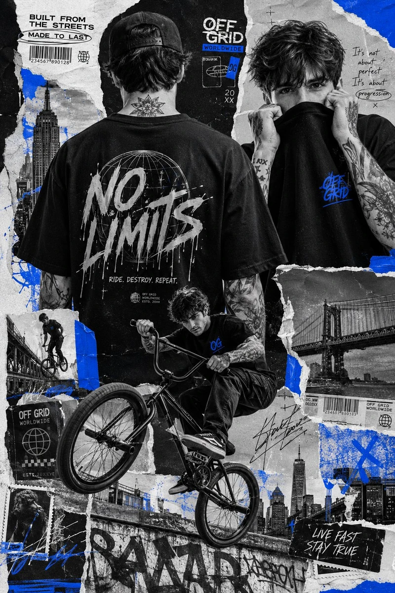 Ultra-creative streetwear collage poster featuring a tattooed BMX rider a...