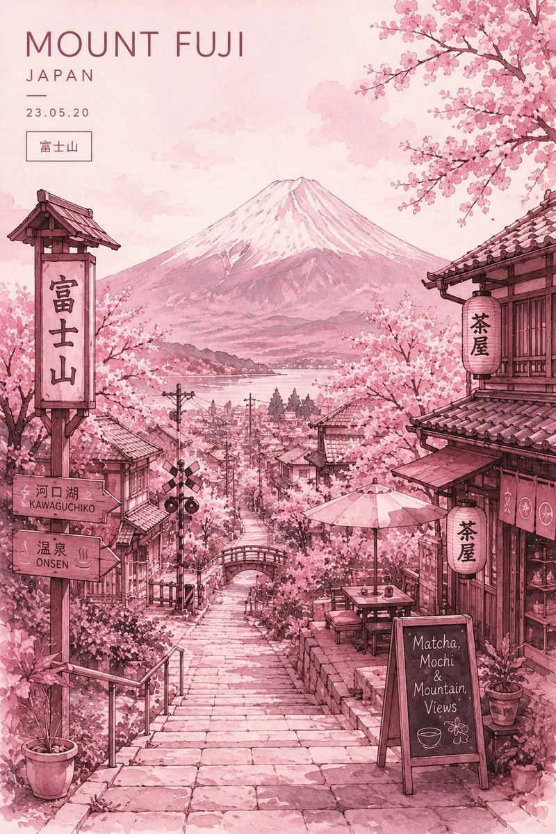Minimalist ultra-detailed travel poster illustration of Mount Fuji, Japan...