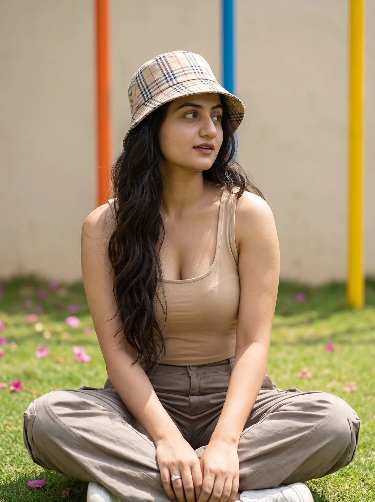 A photorealistic portrait of a beautiful young South Indian woman sitting...