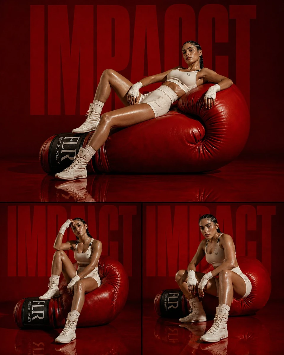 High-fashion athletic editorial triptych, three-panel collage composition...