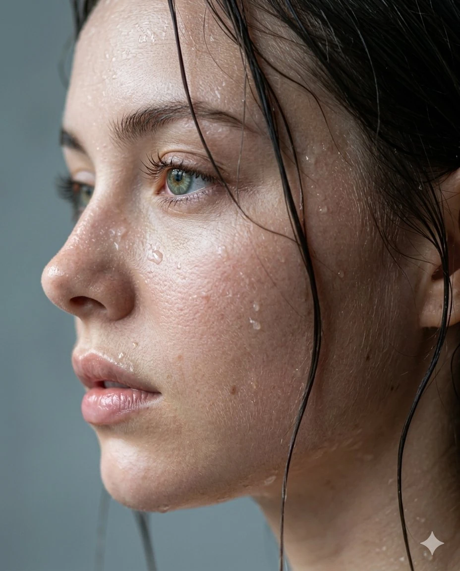 Ultra-realistic cinematic wet close-up portrait of a beautiful young woma...