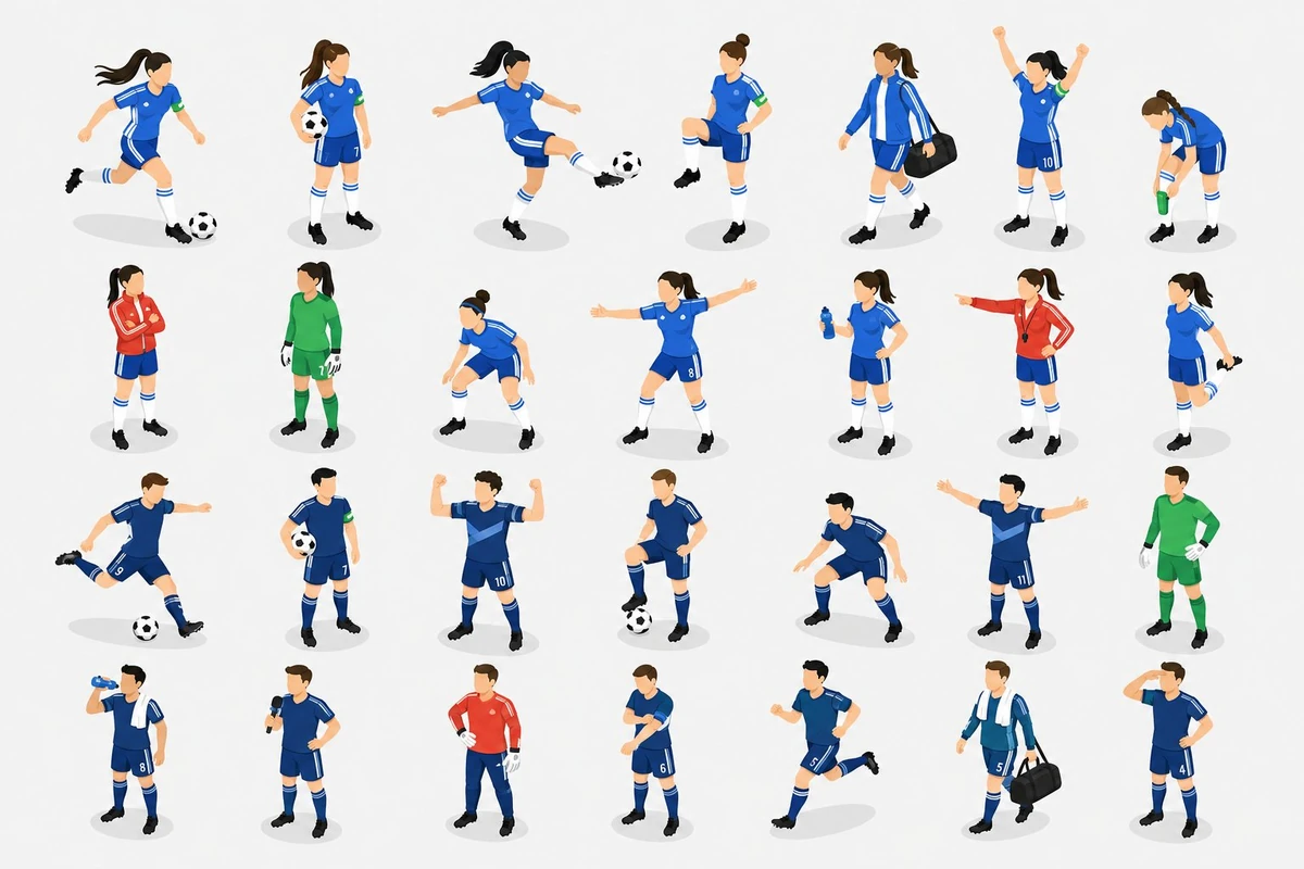 An isometric-style character pose sheet featuring multiple full-body foot...