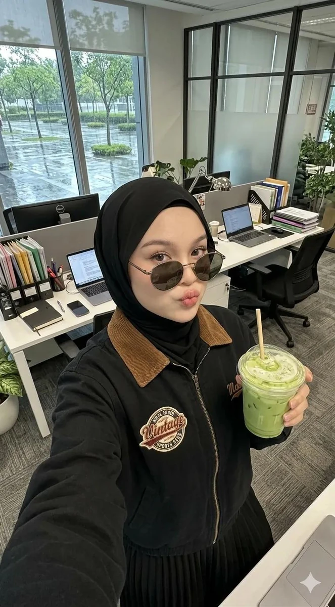 A high-angle selfie of a young woman wearing a black hijab, posing casual...
