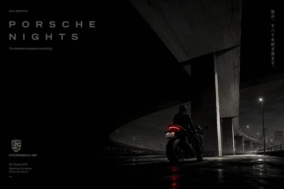 A motorcycle waits beneath a highway overpass.Shot as if a manga cover ar...