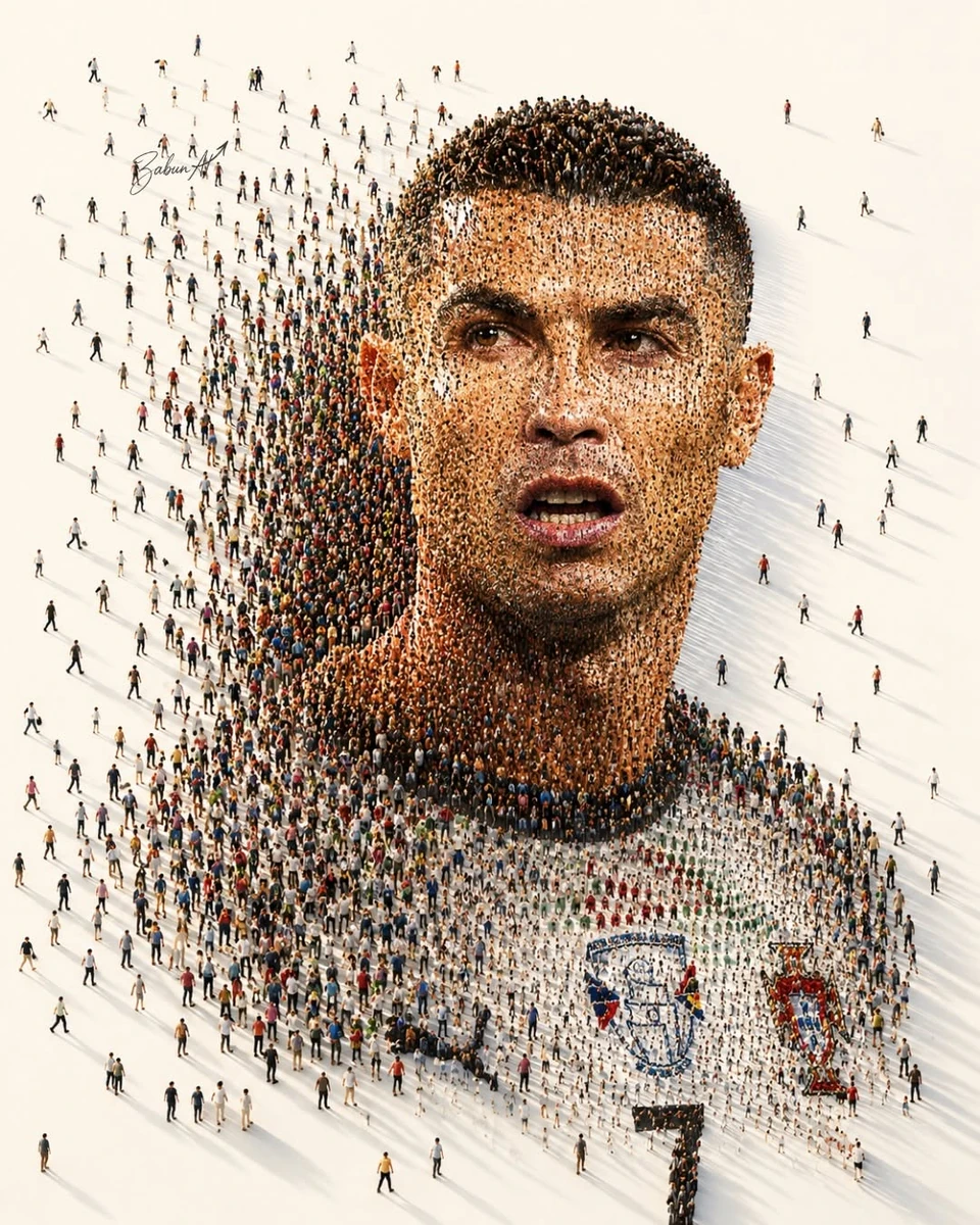 Ultra-detailed crowd mosaic portrait of a legendary football player, crea...