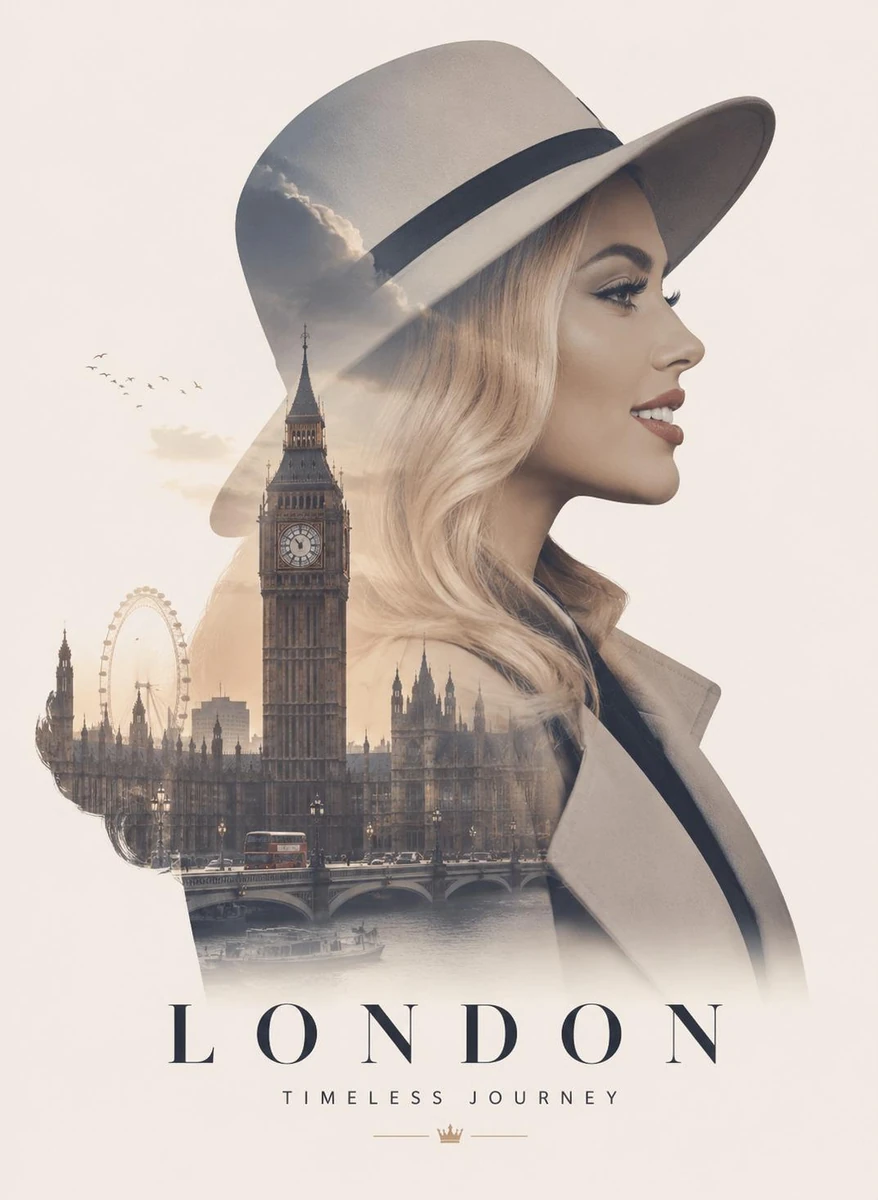 Ultra-premium double exposure travel poster, elegant side-profile portrai...