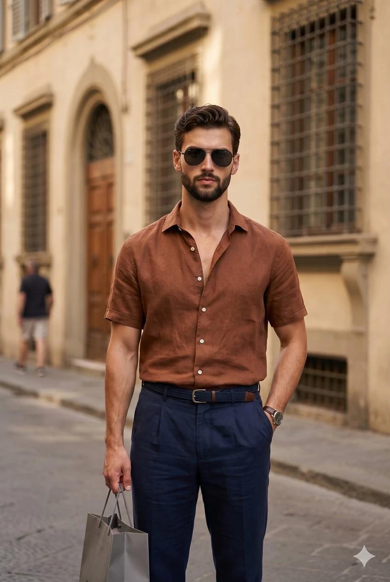 A stylish young man stands centrally poised facing the camera in a confid...