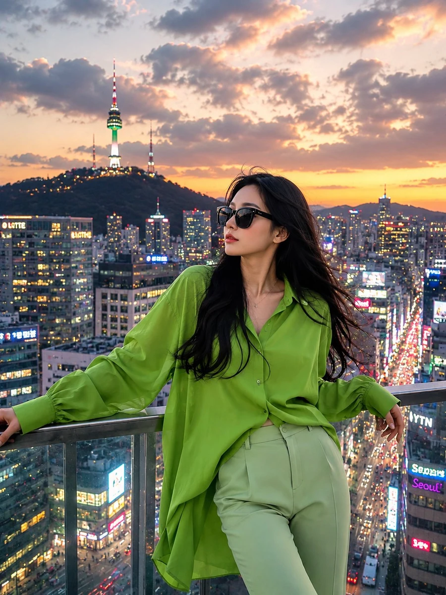 A breathtaking cinematic rooftop fashion portrait in Tokyo at sunset, cap...