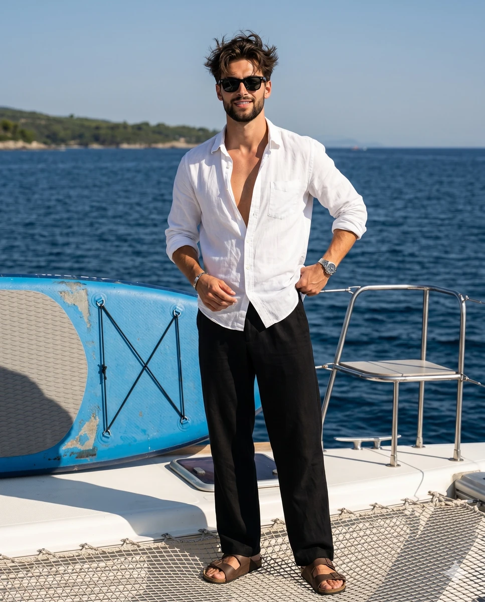 A young confident male model stands centrally facing the camera with his...