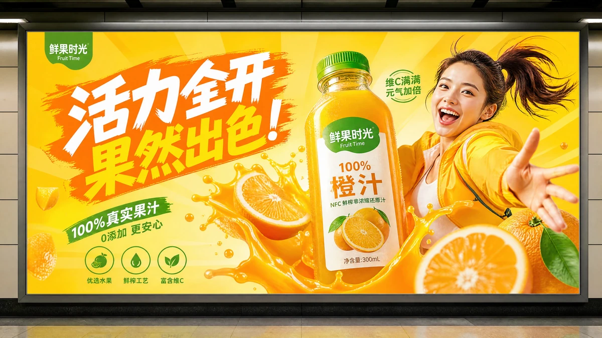 果汁饮品广告,地铁广告风格,活力四射