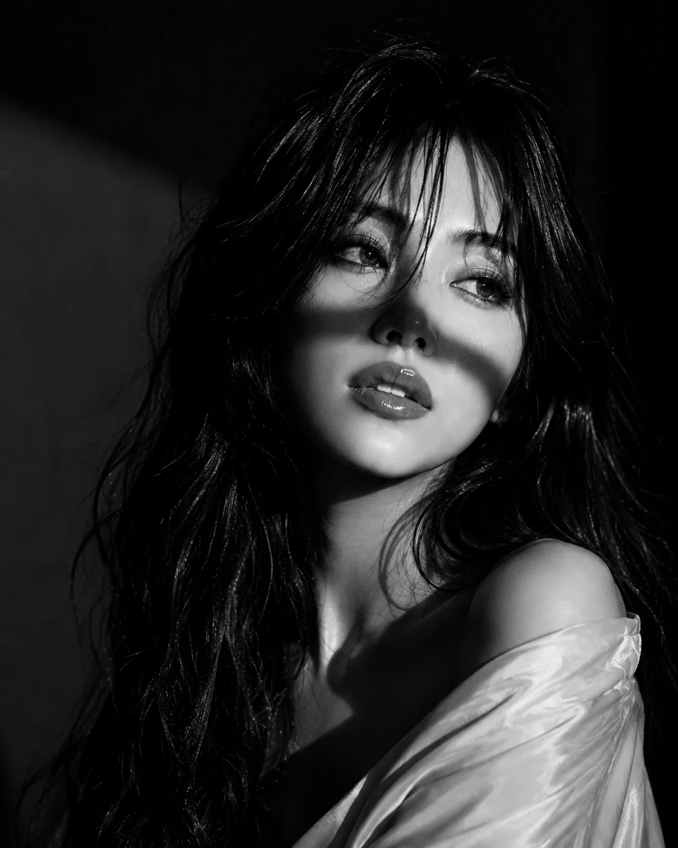 Ultra-realistic cinematic black-and-white Vogue editorial portrait of a b...
