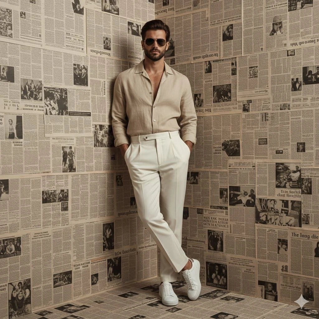 A cinematic fashion portrait of a handsome man leaning against a corner w...
